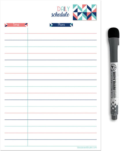 Dry Erase Daily Schedule Planner Sticker Decal by Glassboard Studio | Removable & Reusable | Magnetic Fine-Tip Marker Included (9 x 12 inches, White)