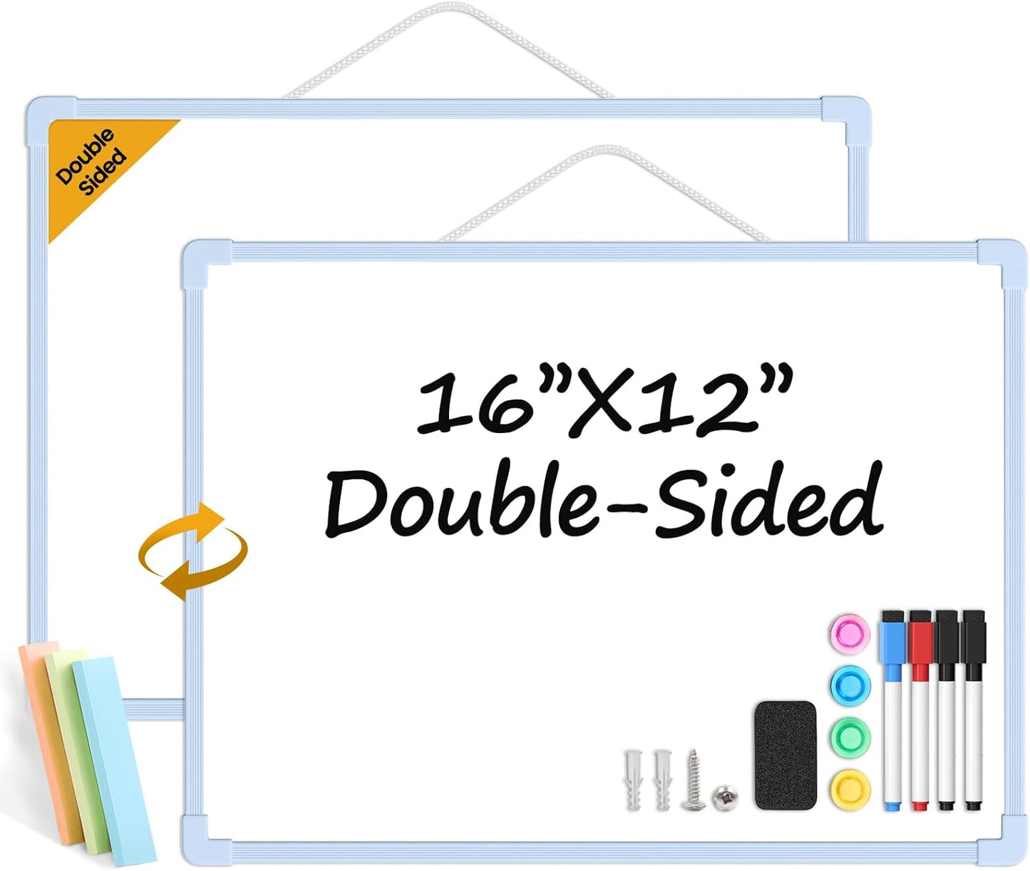 Small Dry Erase Board for Wall, 16" x 12" Double-Sided Hanging Whiteboard, Magnetic White Board with 4 Markers, 4 Magnets and 3 Mini Sticky Notes, Portable Whiteboard for Kids, School, Home, Office