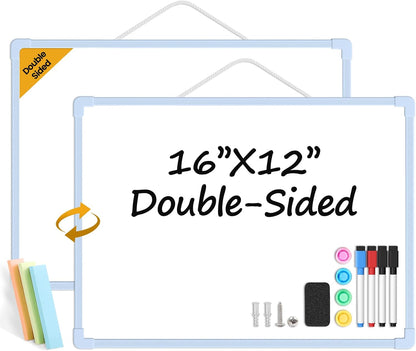 Small Dry Erase Board for Wall, 16" x 12" Double-Sided Hanging Whiteboard, Magnetic White Board with 4 Markers, 4 Magnets and 3 Mini Sticky Notes, Portable Whiteboard for Kids, School, Home, Office