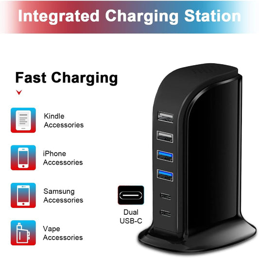 USB Charger Upoy, Charging Station for Multiple Devices 45W, Fast Charging Blocks with Dual Type C Ports, USB Charging Hub Organizer Multiport for iPhone, Ipad, Kindle, Travel Accessories