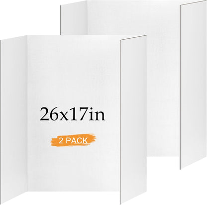 2 Pack Small Trifold Poster Board 26" x 17", White Corrugated Project Boards for Science Fairs, School Projects and Event Displays