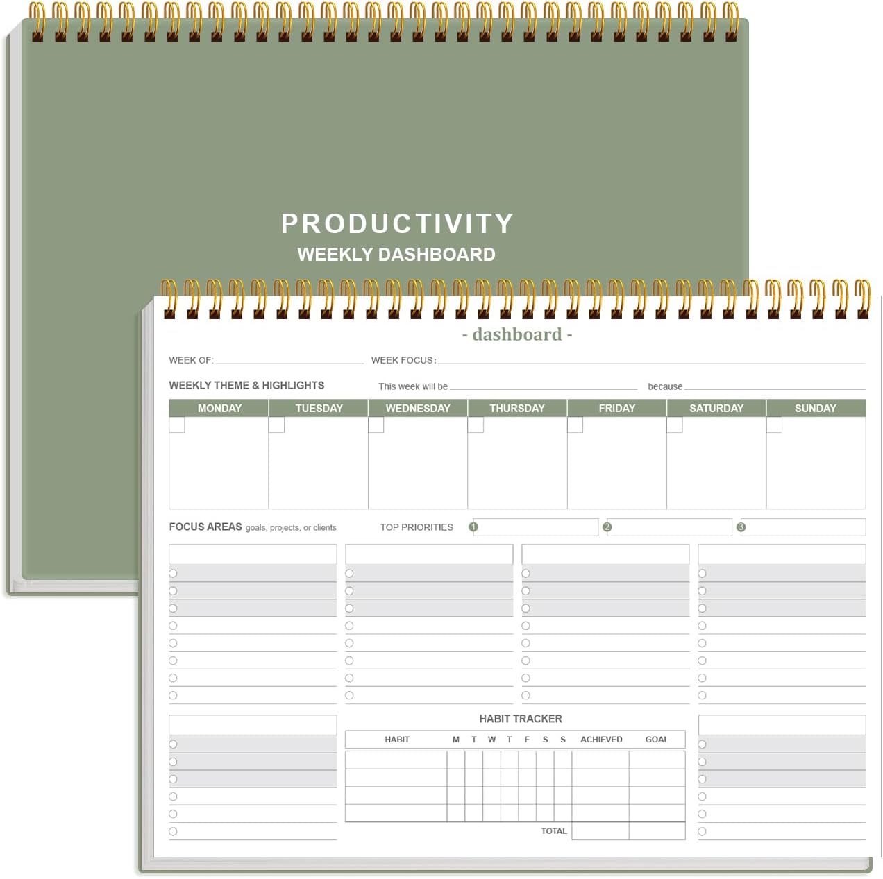 Weekly Productivity Dashboard - 8.5" x 11" Dashboard Desk Notepad Has 6 Focus Areas to List Tasks for Goals, Projects, Clients, Academic or Meal-Organize Your Daily Work Efficiently, 54 Weeks, Green