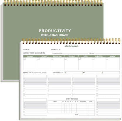 Weekly Productivity Dashboard - 8.5" x 11" Dashboard Desk Notepad Has 6 Focus Areas to List Tasks for Goals, Projects, Clients, Academic or Meal-Organize Your Daily Work Efficiently, 54 Weeks, Green