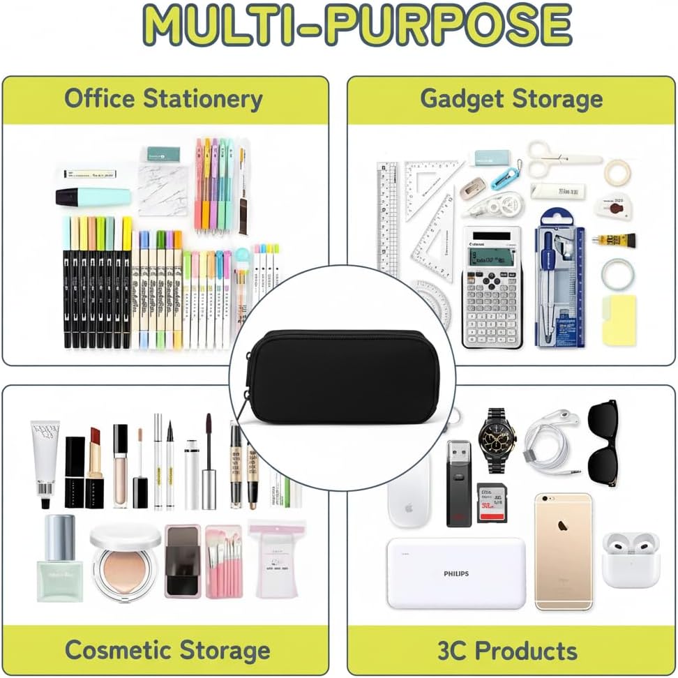 Della Gao Large Pencil Case, Big Capacity Pencil Pouch with 2 Compartments, Office Pencil Bag with Zipper, Big Pen Case for Adults (01-Black)