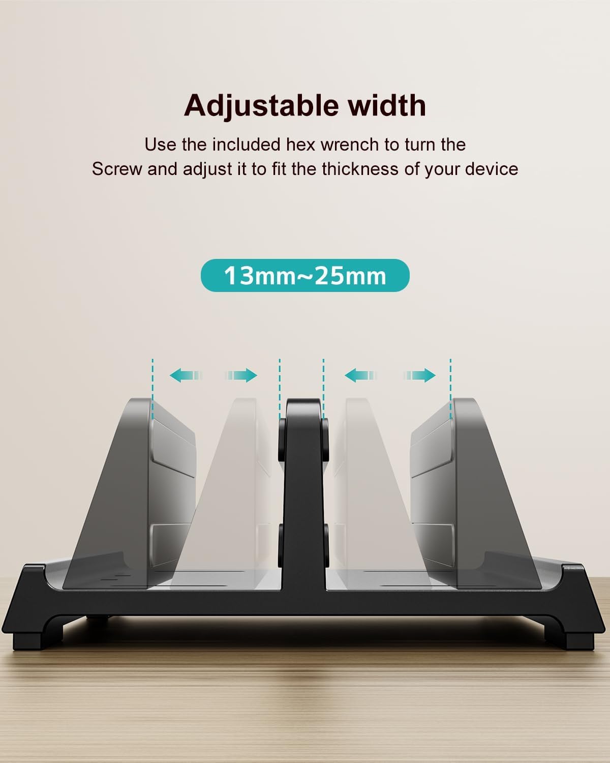 Vertical Laptop Stand for Desk, Dual Slots Plastic Laptop Holder with Space Saving 4-in-1 Design, Adjustable Width Supports MacBook, Chromebook, Surface, Dell (Black)