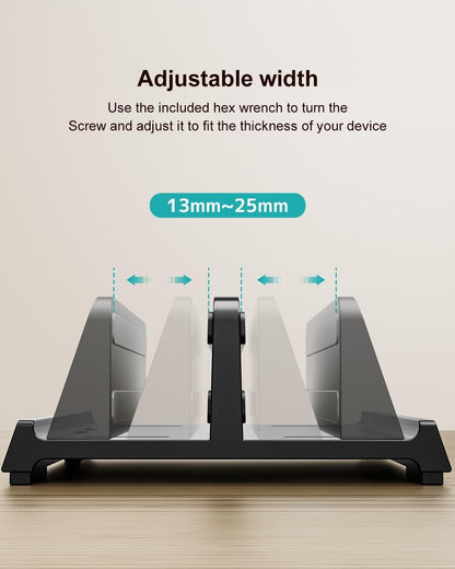 Vertical Laptop Stand for Desk, Dual Slots Plastic Laptop Holder with Space Saving 4-in-1 Design, Adjustable Width Supports MacBook, Chromebook, Surface, Dell (Black)