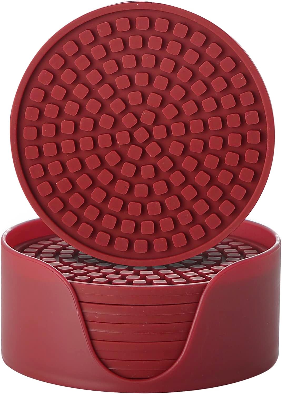 Colinda Silicone Drink Coasters with Holder, Set of 6, Outdoor Cup Mat for Hot or Cold Drinks, Thickened, Non-Slip,Non-Stick, Pink