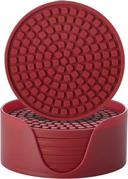Colinda Silicone Drink Coasters with Holder, Set of 6, Outdoor Cup Mat for Hot or Cold Drinks, Thickened, Non-Slip,Non-Stick, Pink