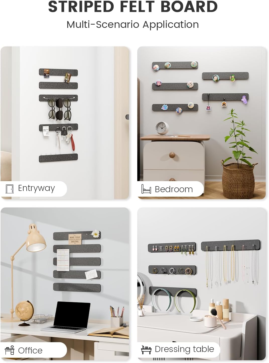Fluxynara Cork Board Alternative Felt Strip Board 8-Pack 13"x2", Office Pin Board with 50 Push Pins, Adhesive Install for Bedroom Door & Home Office(Linen Dusk)