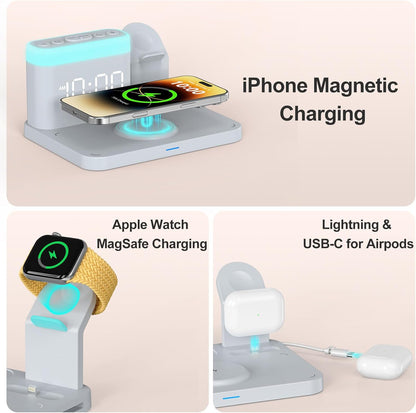ANJANK Wireless Charging Station,5 in 1 Multiple Charger Stand with Alarm Clock,7 Night Light,Magnetic Charging Dock for iPhone 17 16 15 14 13 12 Pro Max Plus,Apple Watch 11/10/9/8,for Airpods,Bedroom