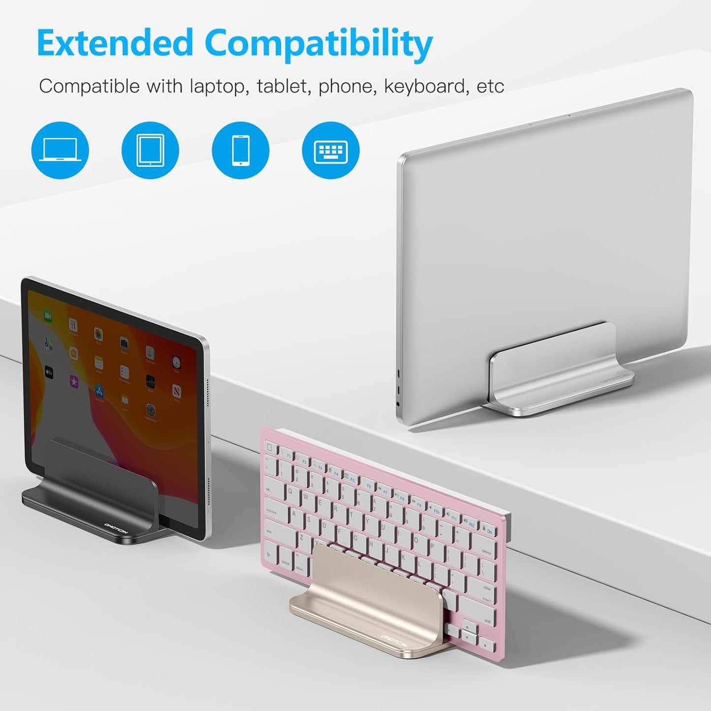 OMOTON Vertical Laptop Stand Holder, Desktop Aluminum Stand for MacBook with Adjustable Dock Size, Fits All MacBook, Surface, Chromebook and Gaming Laptops (Up to 17.3 inches), Silver