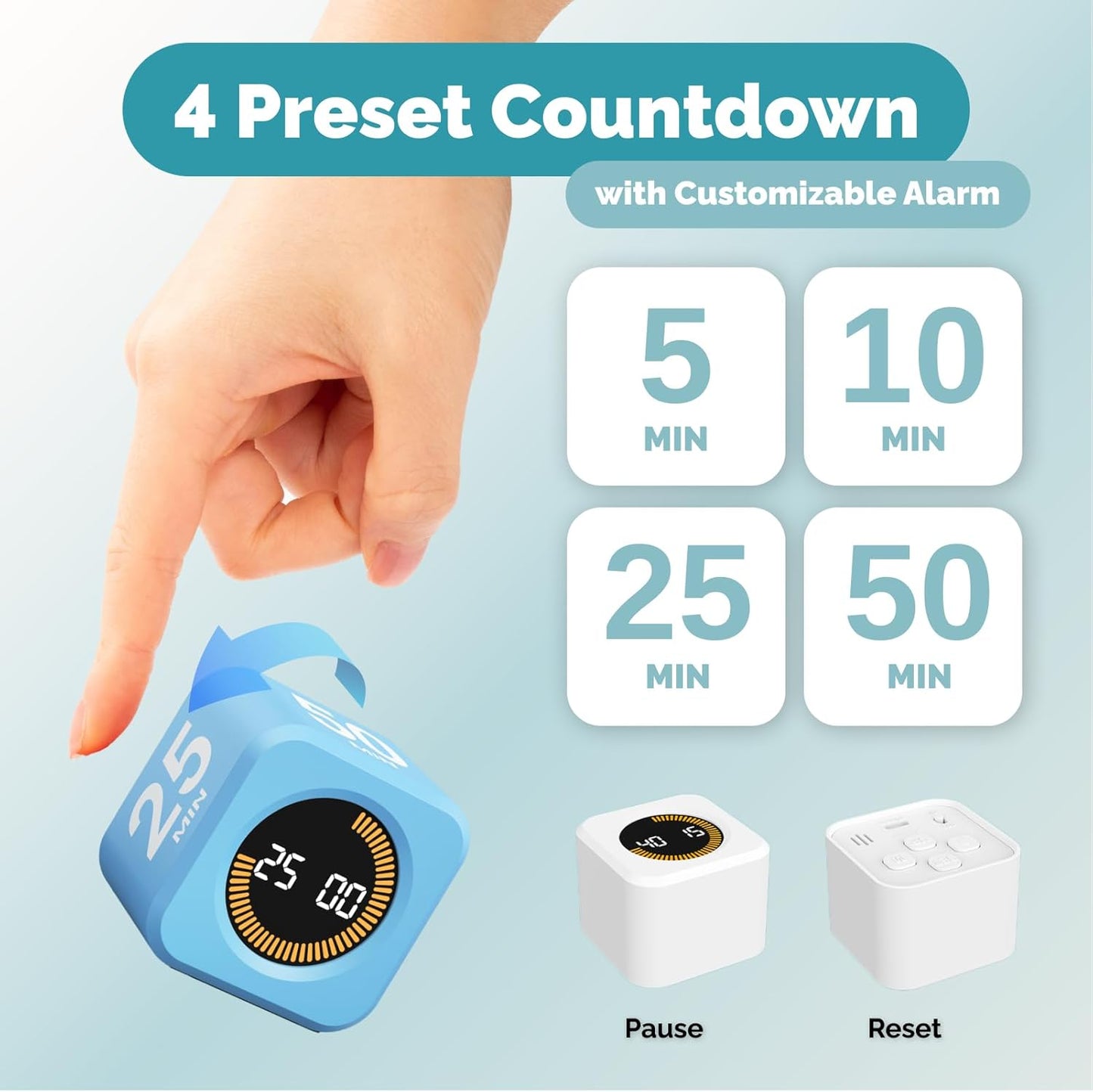 KADAMS Pomodoro Timer Visual - Productivity Pomodoro Cube, 5/10/25/50 Min Countdown & Countup, Silent – Ideal for Work Study Cook Workout Kitchen School Classroom Office ADHD Gift Kids (1, Black)