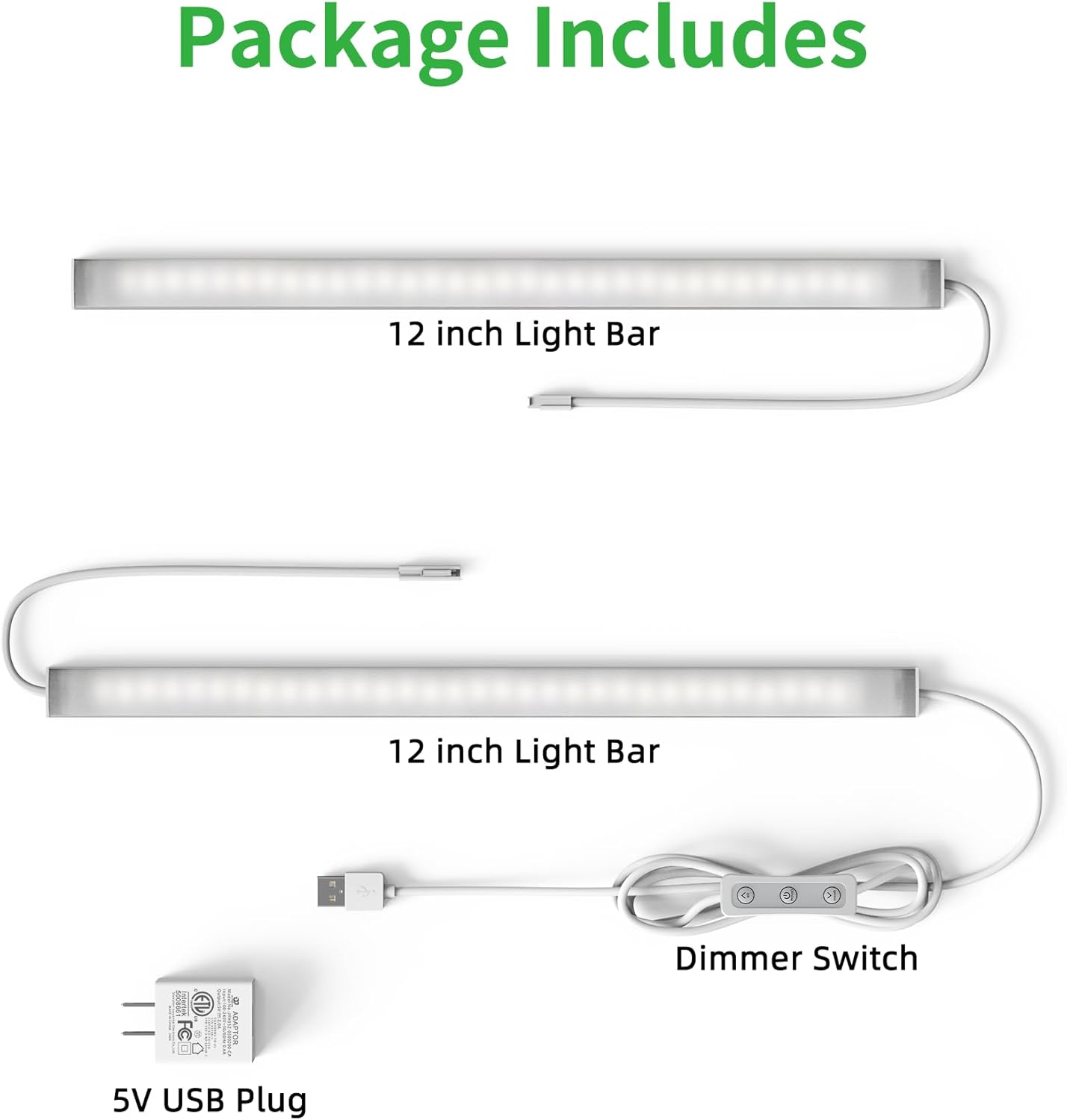 Plug-in Under Cabinet Lighting, Dimmable Under Counter Lights for Kitchen, 2pcs 12 Inch, Warn White 3000K Linkable USB Led Closet Light, Wired Indoor Night Lights Bar for Desk,Sink,Workbench