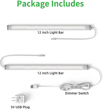 Plug-in Under Cabinet Lighting, Dimmable Under Counter Lights for Kitchen, 2pcs 12 Inch, Warn White 3000K Linkable USB Led Closet Light, Wired Indoor Night Lights Bar for Desk,Sink,Workbench