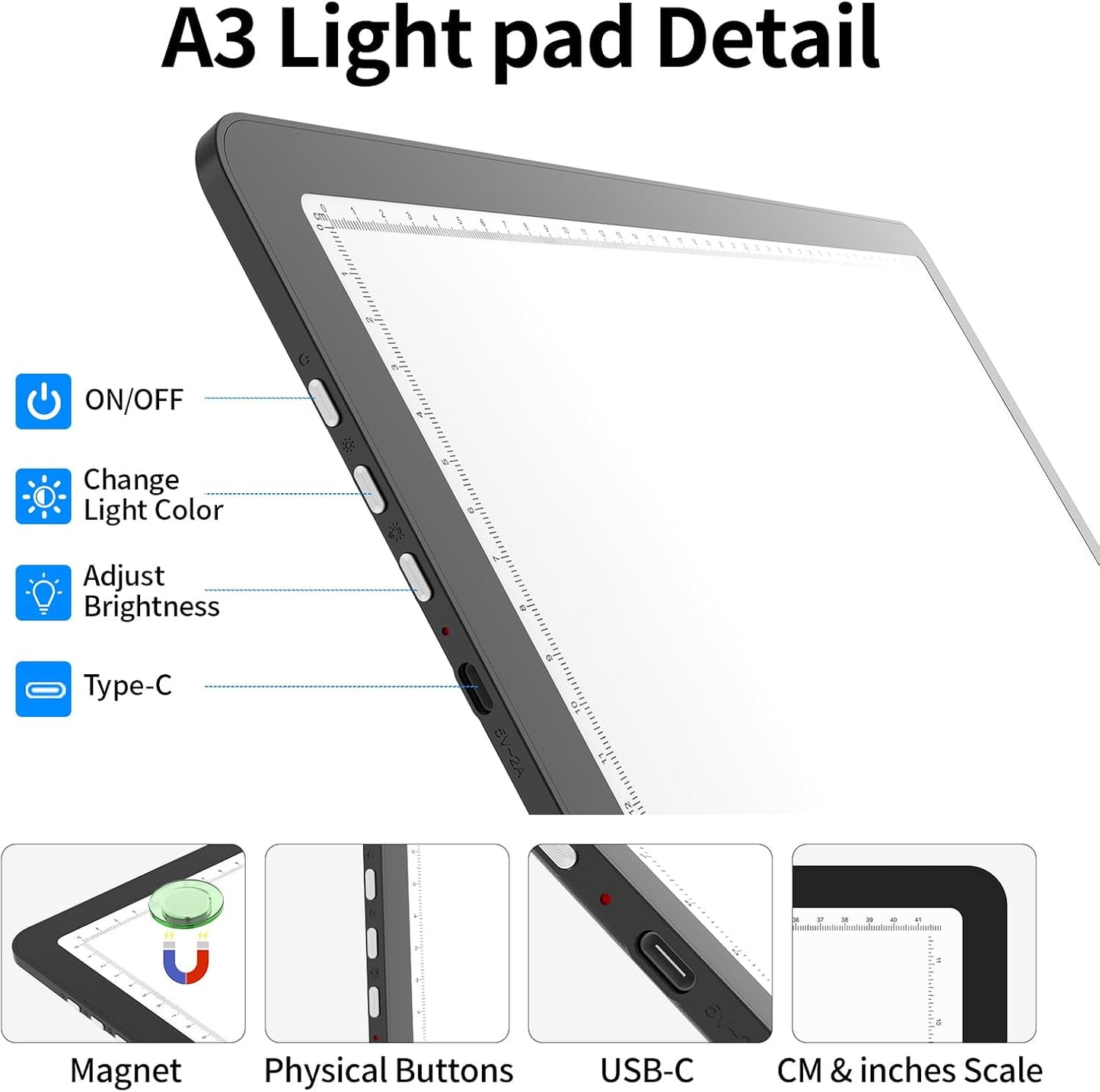 TOHETO A4 Light Board for Diamond Painting, Super Bright Magnetic Light Pad with Side Buttons, Lightbox for Tracing and Drawing, Corded Light Table for Sketching, Animation, Weeding Vinyl (Black)