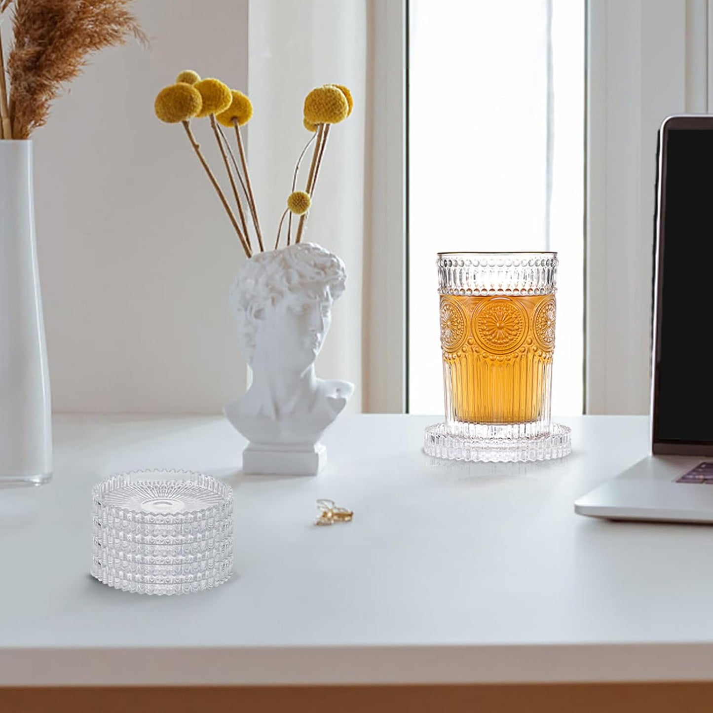 Modern Clear Coasters Set of 5- Glass Cute Coasters for Drinks Crystal Coaster Round Chic Cup Mat Cute Coffee Table Coaster for Kitchen, Bar, Dining Room, Living Room, Patio(Amber)
