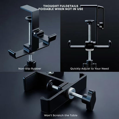JAKO Headphone Stand for Desk, 3 Hooks Aluminum Alloy Headphone Holder (1 Foldable+2 Fixed) Space Saving Headset Stand Hook, Universal Fit PC Gaming Headsets Holder Desk Clamp for Office/Game Table