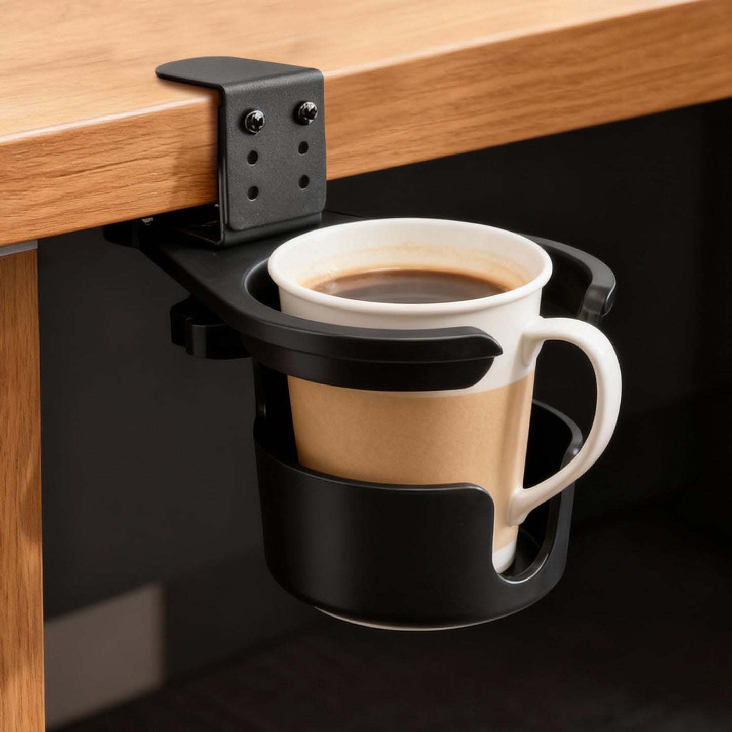 Desk Cup Holder Clip On 360° Rotating Clamp,Deeper Anti-Spill Drink Holders for Water Bottles & Coffee Mugs,Adjustable Clamp Fits Screw On Table for Drinks,Office,Gaming Desk,Home,Black