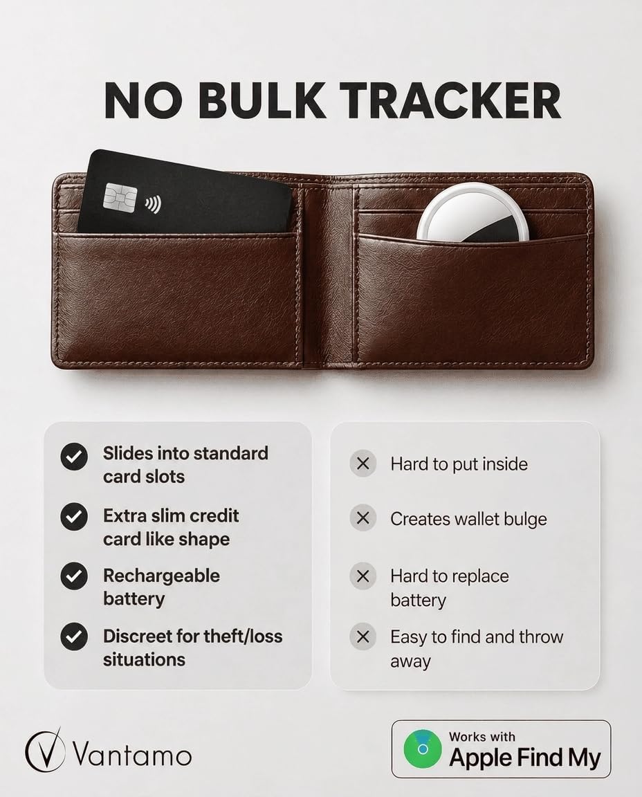 Vantamo Ultra-Thin Wallet Tracker Card, Apple MFi Certified, IP68 Waterproof Bluetooth Smart Card Wallet Tracker & Passport, Works with Apple Find My, Wireless Charging, iOS Only