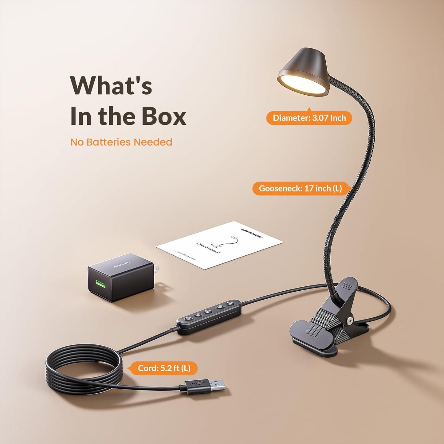 LEPOWER Clip on Light, 7W Reading Lights for Books in Bed with 5 Colors & Stepless Dimming, RG0 Eye-Care, Amber Glow Light & Auto Timer, Strong Clamp with Adapter for Headboard, Bedside, Desk, Black