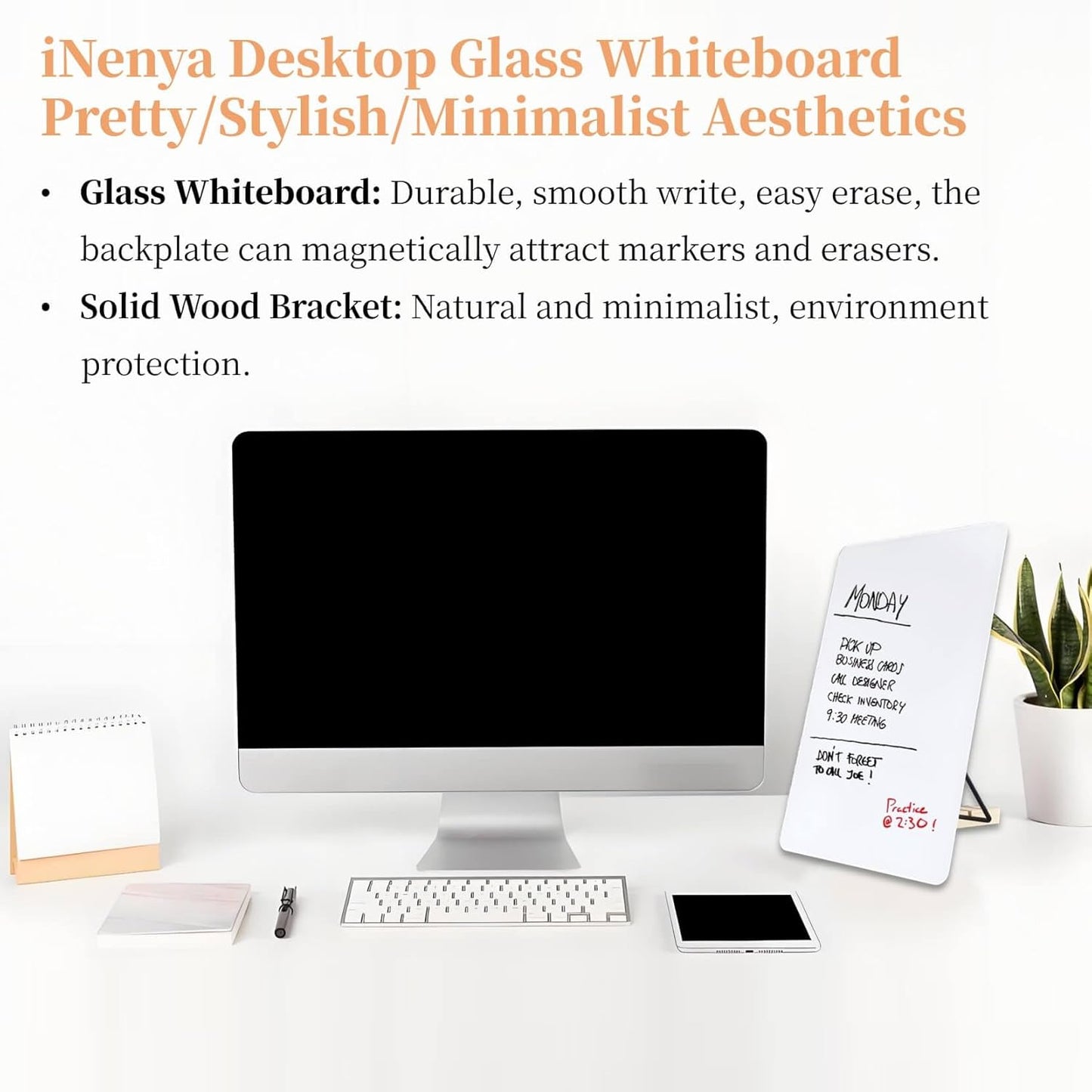 Glass White Board with Stand,Magnetic Mini Dry Erase Board for Desk,Small Desktop Whiteboard with Solid Wood Bracket