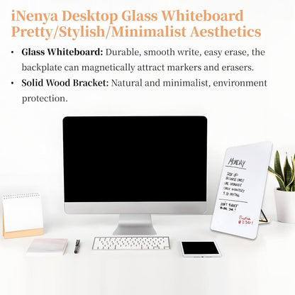 Glass White Board with Stand,Magnetic Mini Dry Erase Board for Desk,Small Desktop Whiteboard with Solid Wood Bracket