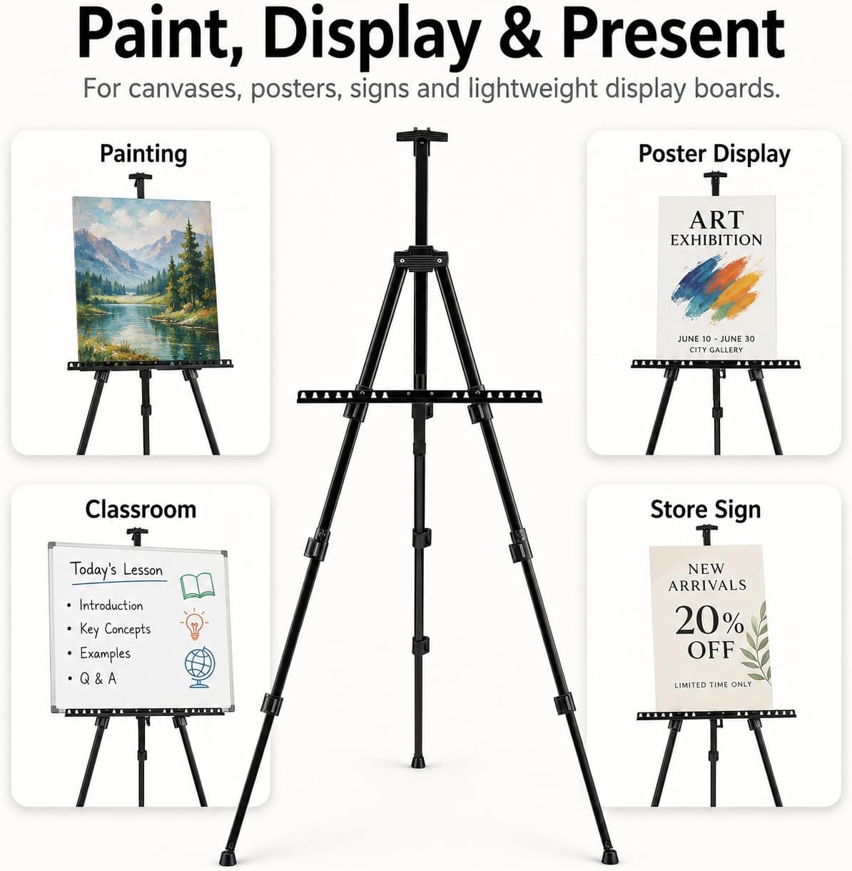 Art Easel Stand for Painting and Sign - RRFTOK 17 to 66 Inch Adjustable Aluminum Tripod Easels for Display, Portable Canvas and Poster Stand with Carry Bag for Beginners, Students and Classroom Use