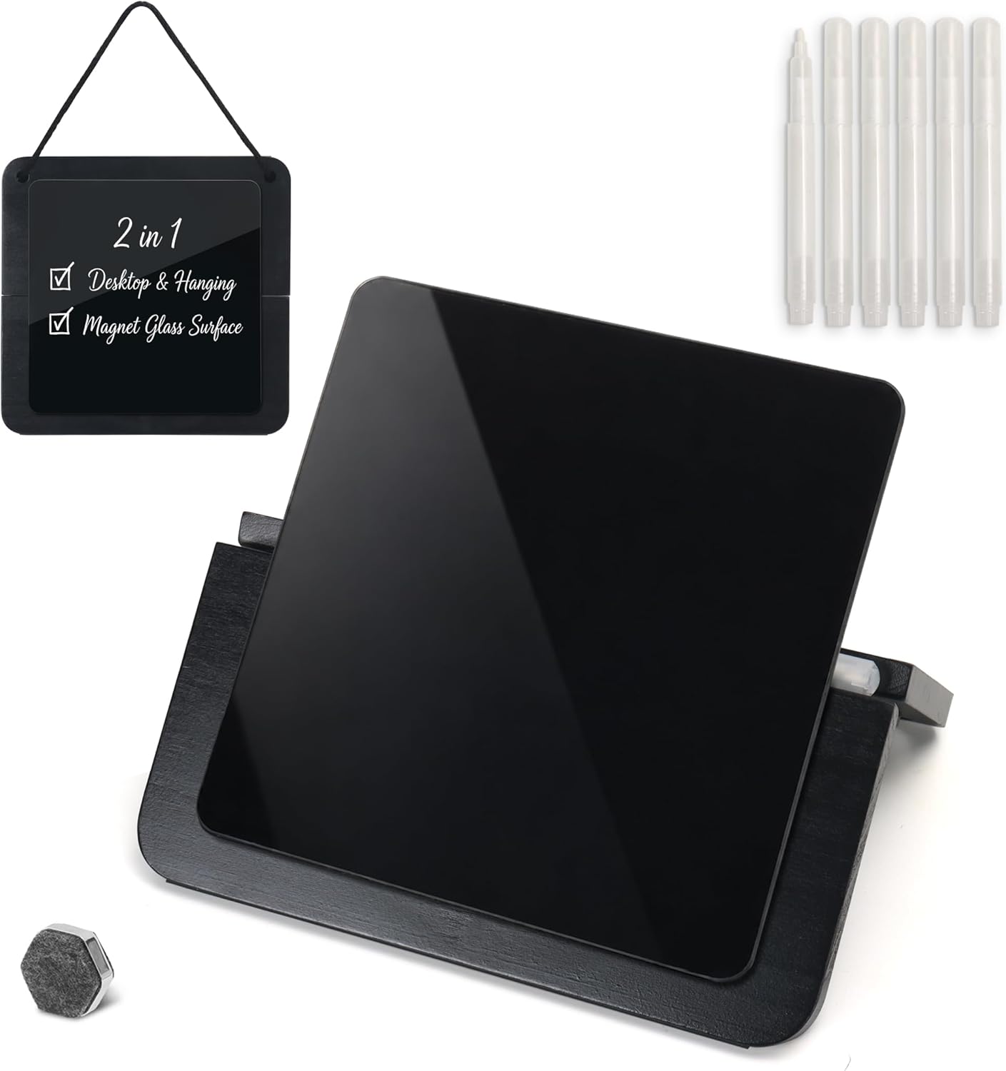 Magnetic Glass Desktop Whiteboard with Solid Wood Stand, Adjustable Foldable Mini Dry Erase Board, 2-in-1 Tabletop & Hanging Glassboard with Rustic Rope, Reusable Home Office School, Black and Square