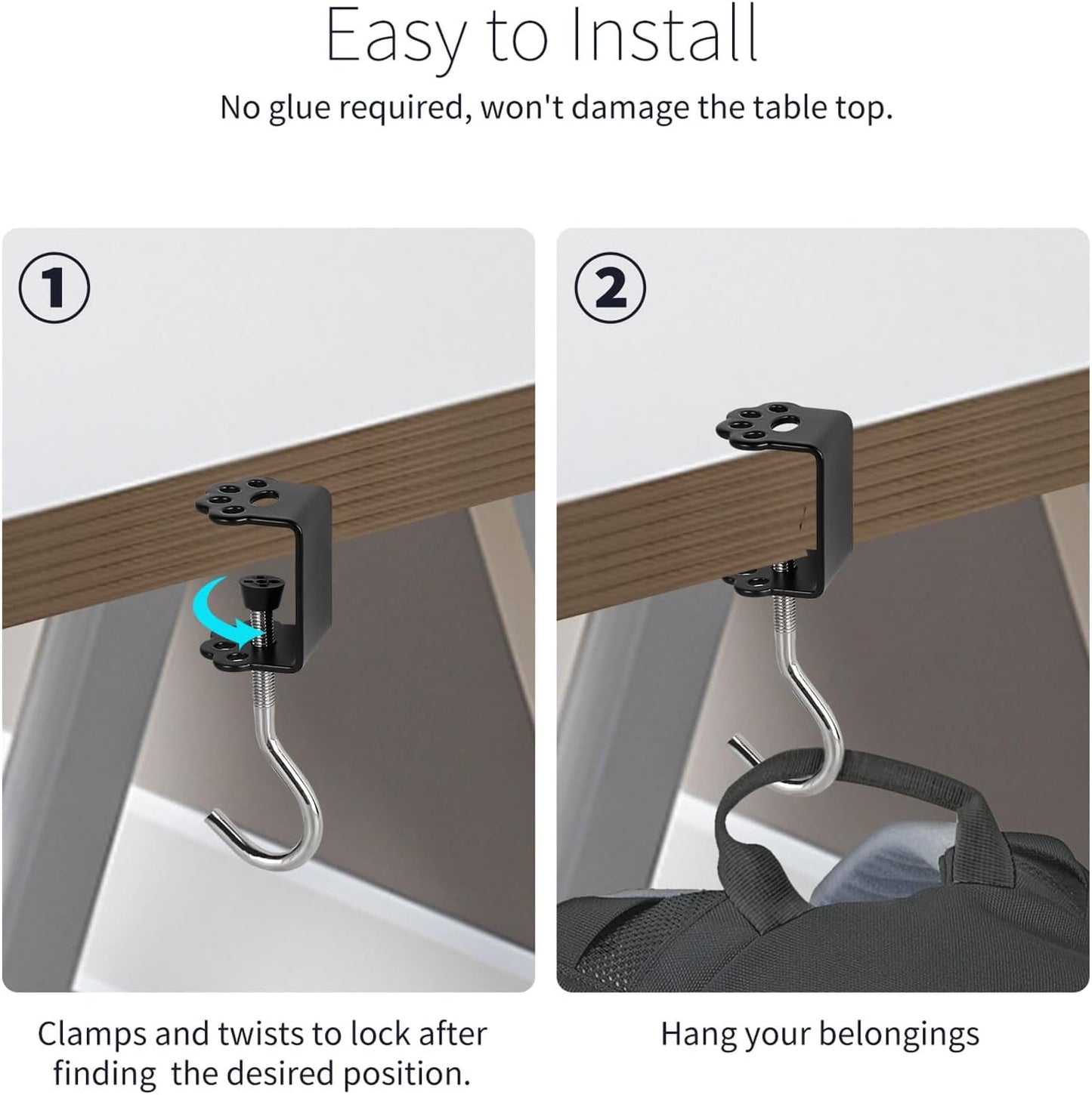2 Pcs Desk Mount Bag Holder Hook Clamp-On Backpack Hanger Portable Desk Mount Headphones Holder Reduce Desk Clutter for Table Desk, Under Counter