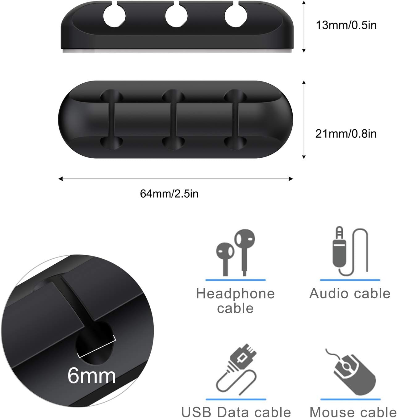 SOULWIT Cable Holder Clips, 3-Pack Cable Management Cord Organizer Clips Silicone Self Adhesive for Desktop USB Charging Cable Nightstand Power Cord Mouse Cable Wire PC Office Home - Black
