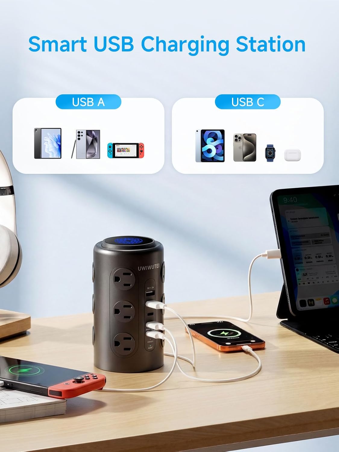 Tower Power Strip Surge Protector with 16 Outlets and 5 USB Ports (2 USB-C), 6FT Extension Cord with Multiple Outlets,Heavy Duty Charging Station,Home Office Dorm Room Essentials. No Wireless Charging