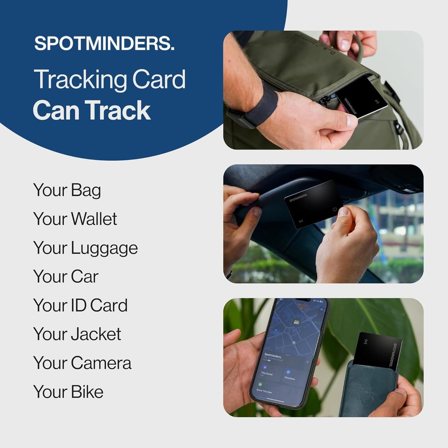SPOTMINDERS Apple MFi Certified Wallet Tracker PRO for Travel Credit Card Design Works with Apple Find My IP68 Waterproof Rechargeable Tracking Card for Wallet Luggage Passport 0.07in Slim Item Finder