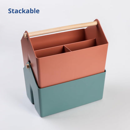 BLUE GINKGO Medium Storage Basket – Plastic Caddy with Wooden Handle for Office, Arts & Crafts, or Home Supplies (Gray)