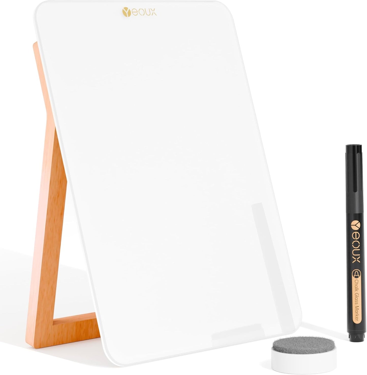 YEOUX Glass Desk Whiteboard with Reversible Wood Stand, Desktop Small White Board, Reusable Mini Dry Erase Board 6.7"x9.5" for Office, Home, School, Marker&Eraser Included