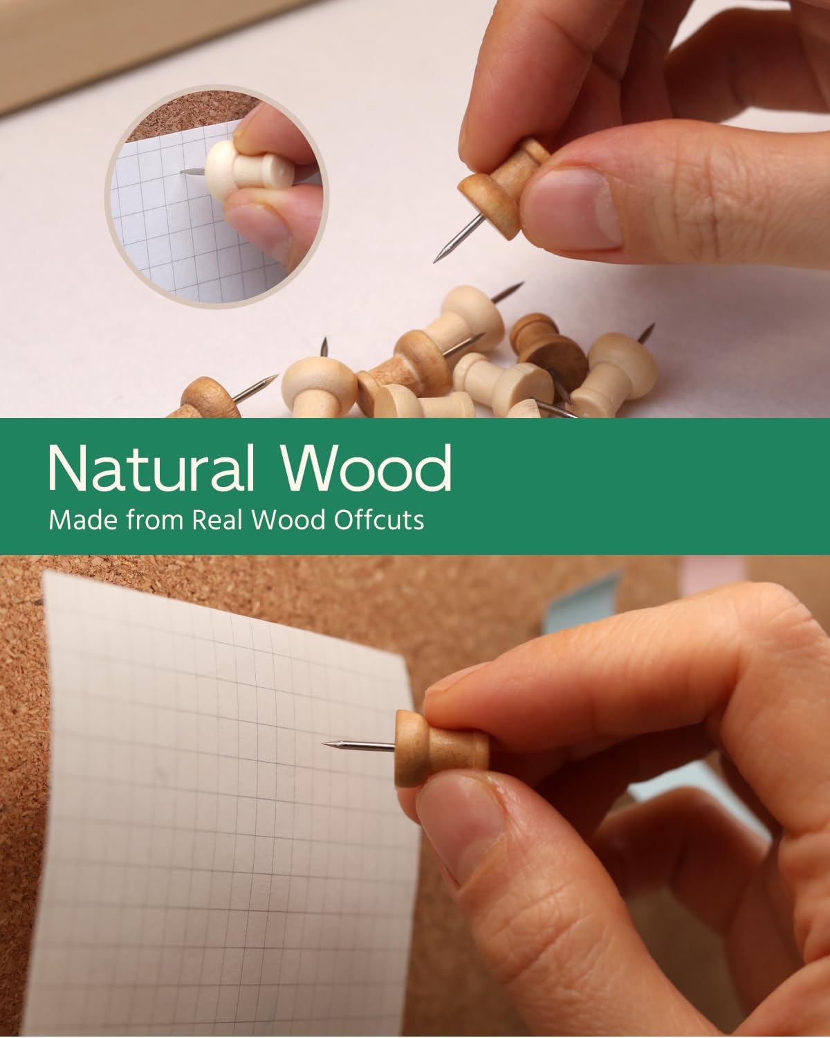 40 Pcs Wood Push Pins, Decorative Wooden Thumb Tacks for Cork Board, Natural & Light Brown Pins and Tacks, Bulletin Board Accessories, Map Tacks
