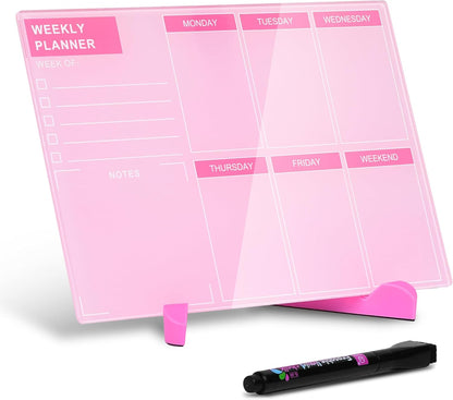 Desktop Thickened Acrylic Dry Erase Board, Weekly White Board with to Do List, Tabletop Whiteboard with Stand, Frameless Dry Erase Pink White Board，9.5"x6.7" for Office, Home, School(Desktop-PK-1724)