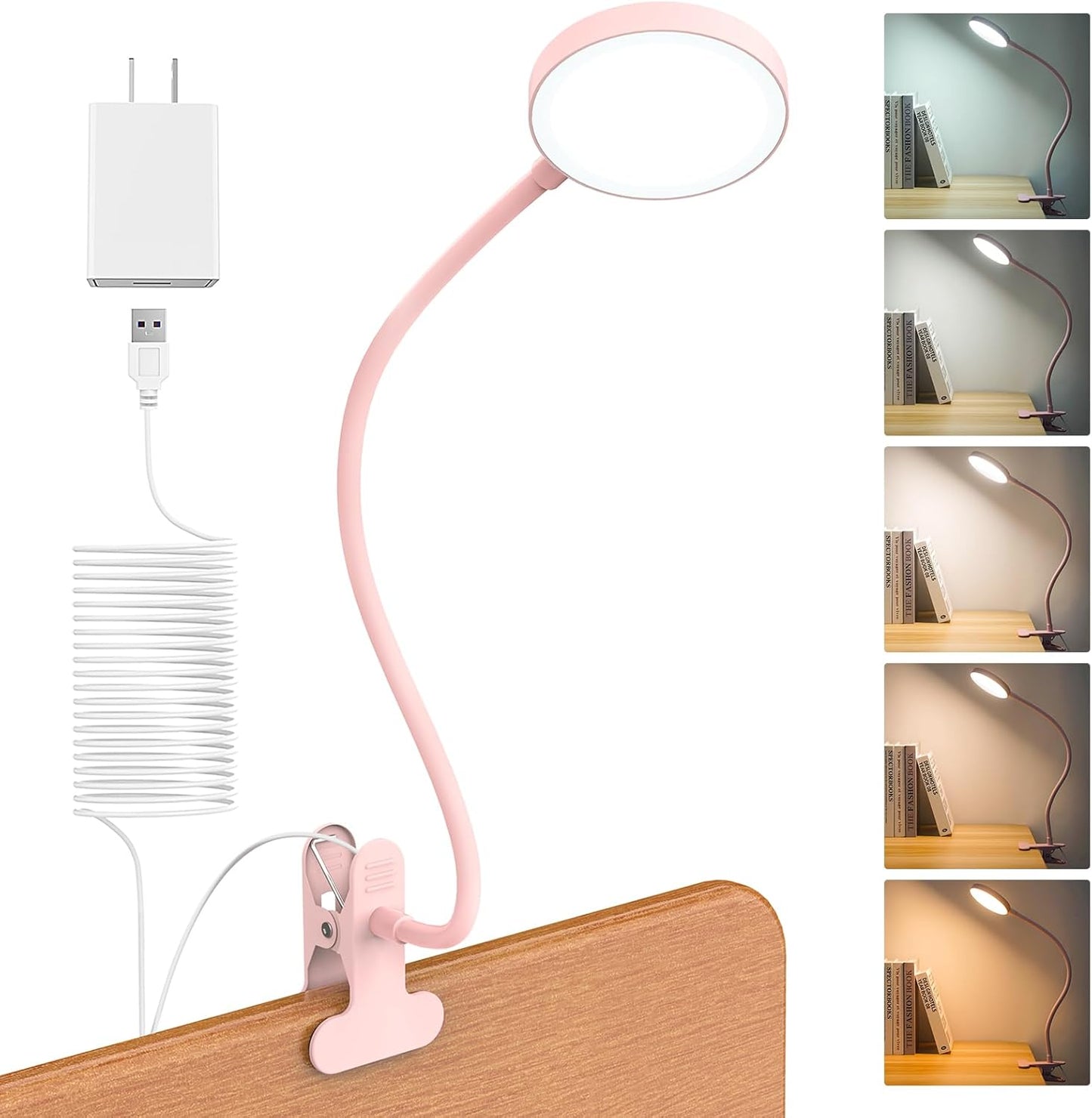 LiFMIRA Clip-on Lamp Reading Light - 5 Color Modes, 10 Brightness Levels, 8W, 66 LED, Eye-Caring Metal Clamp Light with Gooseneck for Bed, Headboard, Desk, Video Conferencing, Makeup
