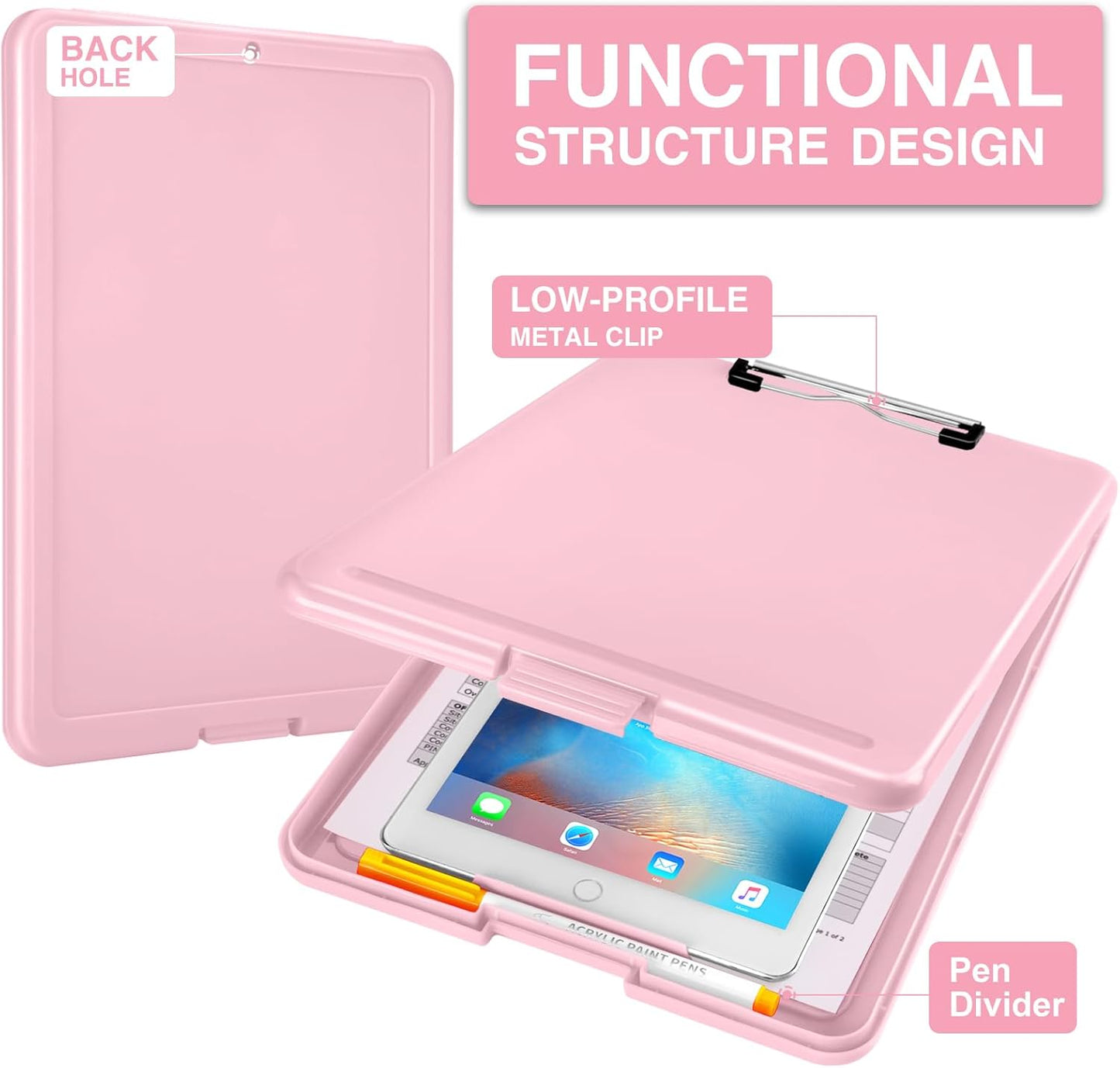 Sooez Clipboard with Storage, Plastic Storage Clipboards with Low Profile Clip, Nursing Clip Boards Foldable, Hanging Clipboard Case for Work, Teacher, Classroom Must Haves, Office School Supplies