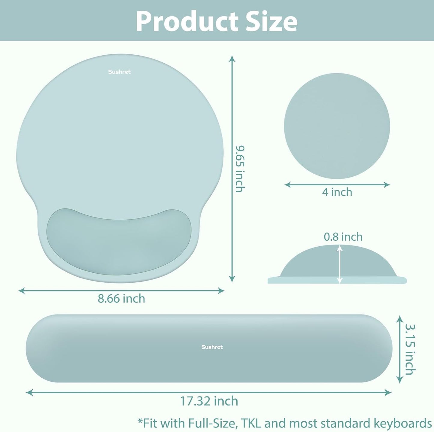 Sushret Mouse Pad and Keyboard Wrist Rest, 3-in-1 Gel Memory Foam Ergonomic Mouse Pad with Wrist Rest Set,Gaming Mousepad Arm Cushion Support for Computer Office Desk Accessories Cute Setup,Sage Green