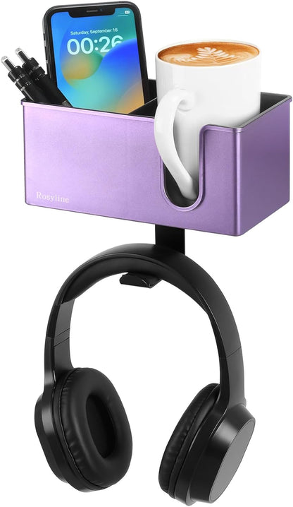 Rosyline 3-in-1 Desk Cup Holder & Clip-on Cup Holder, Clip on Desk Organizer – with Anti-Spill Function, Keeps Your Coffee, Headset, Phone & Pens Within Easy Reach, for Office Desk (Black)