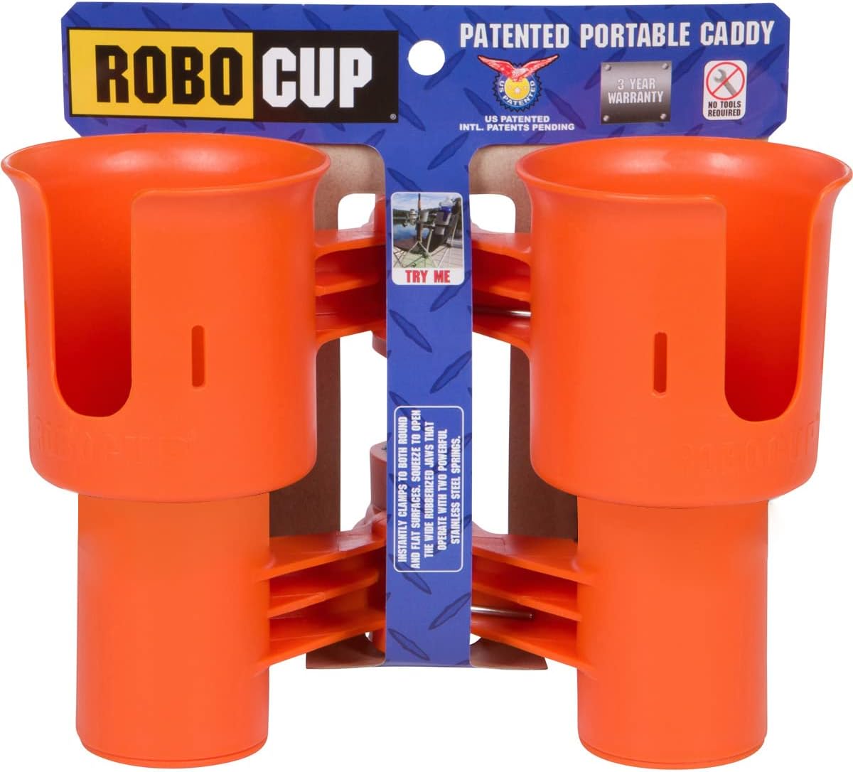 ROBOCUP, (White), Patented Clamp On Boat Cup Holder |Multifunction Dual Drink Caddy for Fishing Poles, Tools, Net, Gaff |Portable Storage for Boating, Beach, Umbrellas, Golf Carts, Strollers
