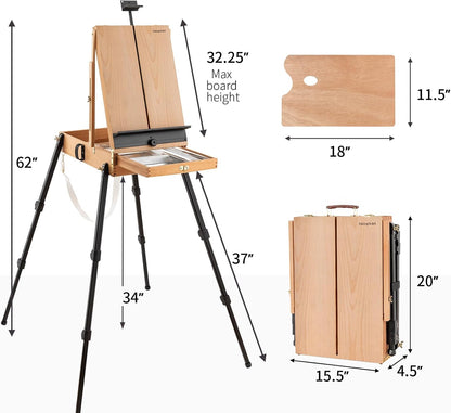 Falling in Art Light Weight French Style Field and Sketchebox Easel with Aluminum Tripod, Adjustable Beechwood Tripod Standing Easel with Drawer, Palette