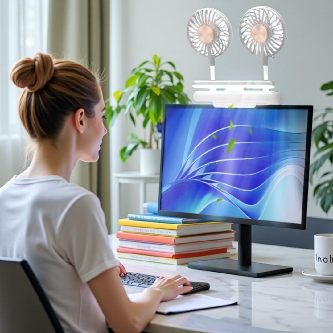 USB Monitor Clip on Fan via Flip-Open LED Light Bar, Two-Head Personal Cooling desktop Laptop Quiet USB Fan for Office, 3 Wind Speeds, for Flat, Curved Monitors (Deepsea Blue)