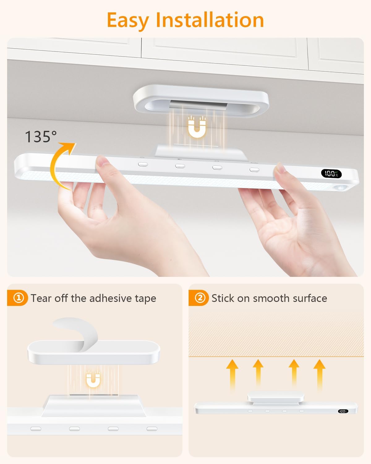 WILLED 3W Motion Sensor Magnetic Light Bar, Eye-Care Rechargeable Closet Light with Battery Level Display, Mirror Lights Stick on, Led Light Bar for Cabinet, Closet, Desk and Bathroom