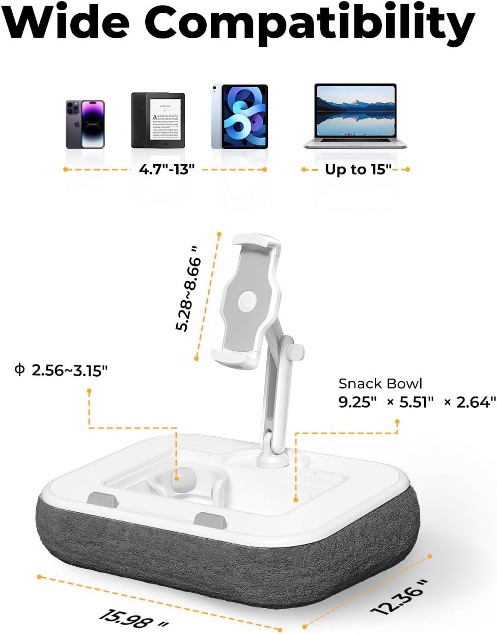 SupeDesk Laptop Lap Desk, Adjustable iPad Holder for Bed, 360° Swivel Tablet Arm, Laptop Desk with Mouse Pad, Snack Bowl & Cup Holder, Fits 4.7–13” Tablets & 15” Laptop