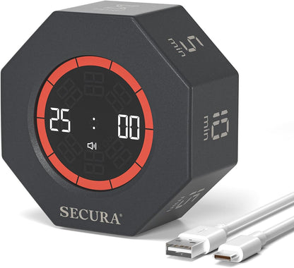 Secura Pomodoro Timer, Rotating Cube Time Tracker, Flip Gravity Sensor with 7 Presets(5/10/15/20/25/50/90 Min), Visual Progress Bar for ADHD, Kids, Tasks, Work, Study (Dark Gray)