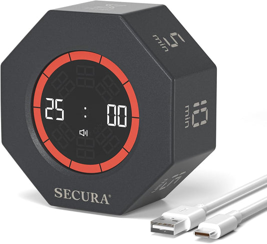 Secura Pomodoro Timer, Rotating Cube Time Tracker, Flip Gravity Sensor with 7 Presets(5/10/15/20/25/50/90 Min), Visual Progress Bar for ADHD, Kids, Tasks, Work, Study (Dark Gray)