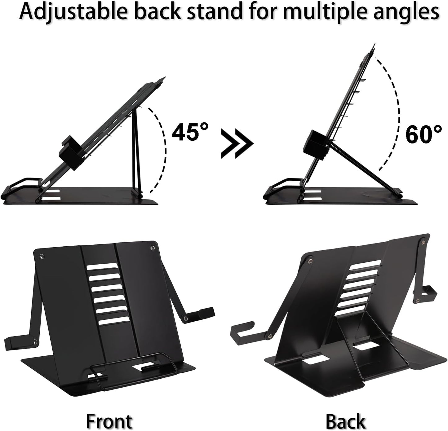 Metal Desk Book Stand for Reading with Adjustable Clips, Hands-Free Foldable Book Holder for Kids, Portable Document Stand for Desk, Display Stand for Recipes, Cookbooks, Tablets - Black