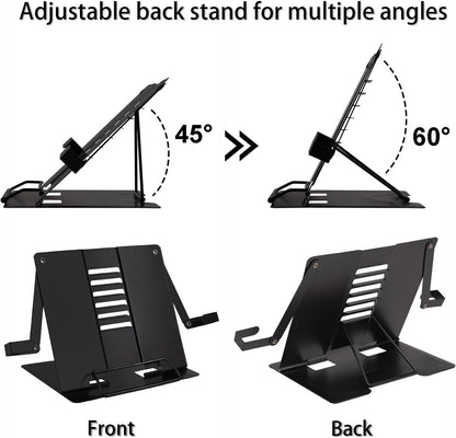 Metal Desk Book Stand for Reading with Adjustable Clips, Hands-Free Foldable Book Holder for Kids, Portable Document Stand for Desk, Display Stand for Recipes, Cookbooks, Tablets - Black