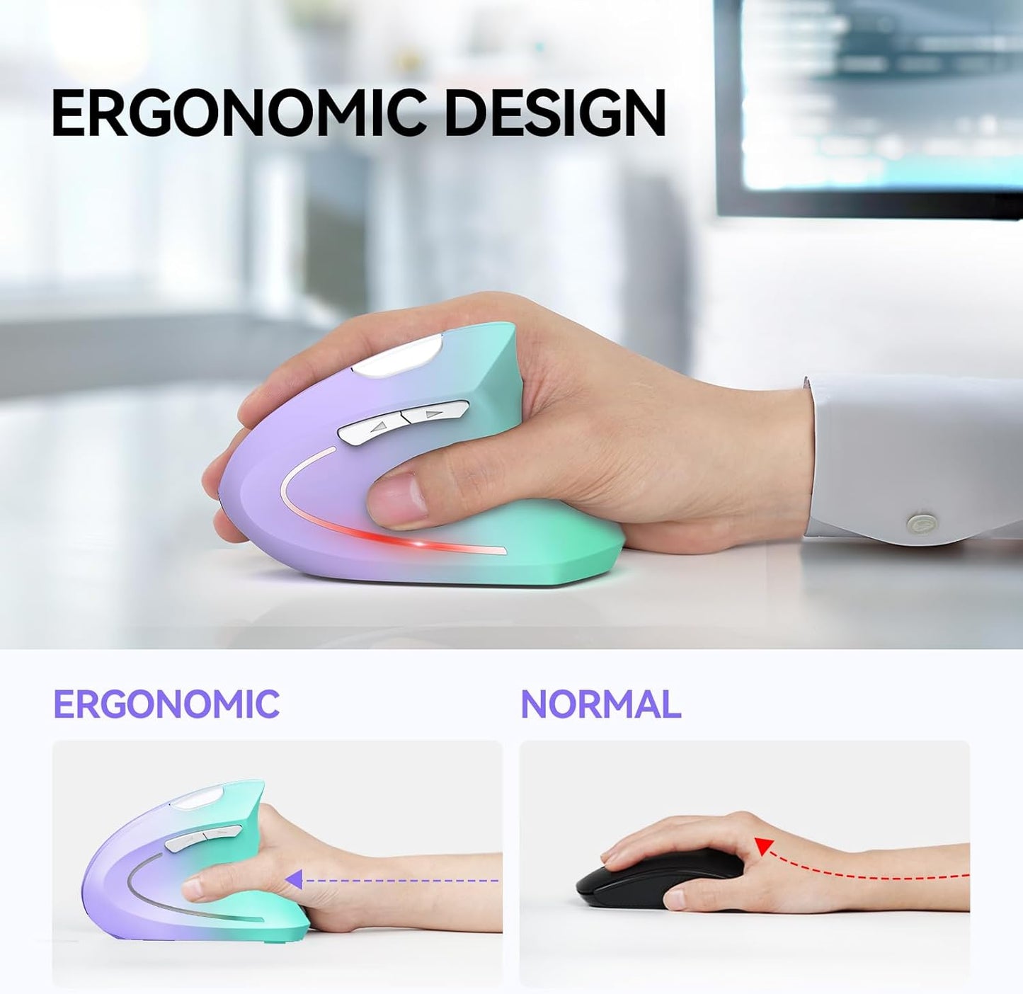 TECKNET Ergonomic Mouse, Wireless Bluetooth Vertical Mouse, 4800 DPI Optical Tracking, 6 Adjustable DPI, Quiet Clicks, 2.4GHz with USB A Receiver, 12 Months Battery, 6 Buttons, Wide Compatibility